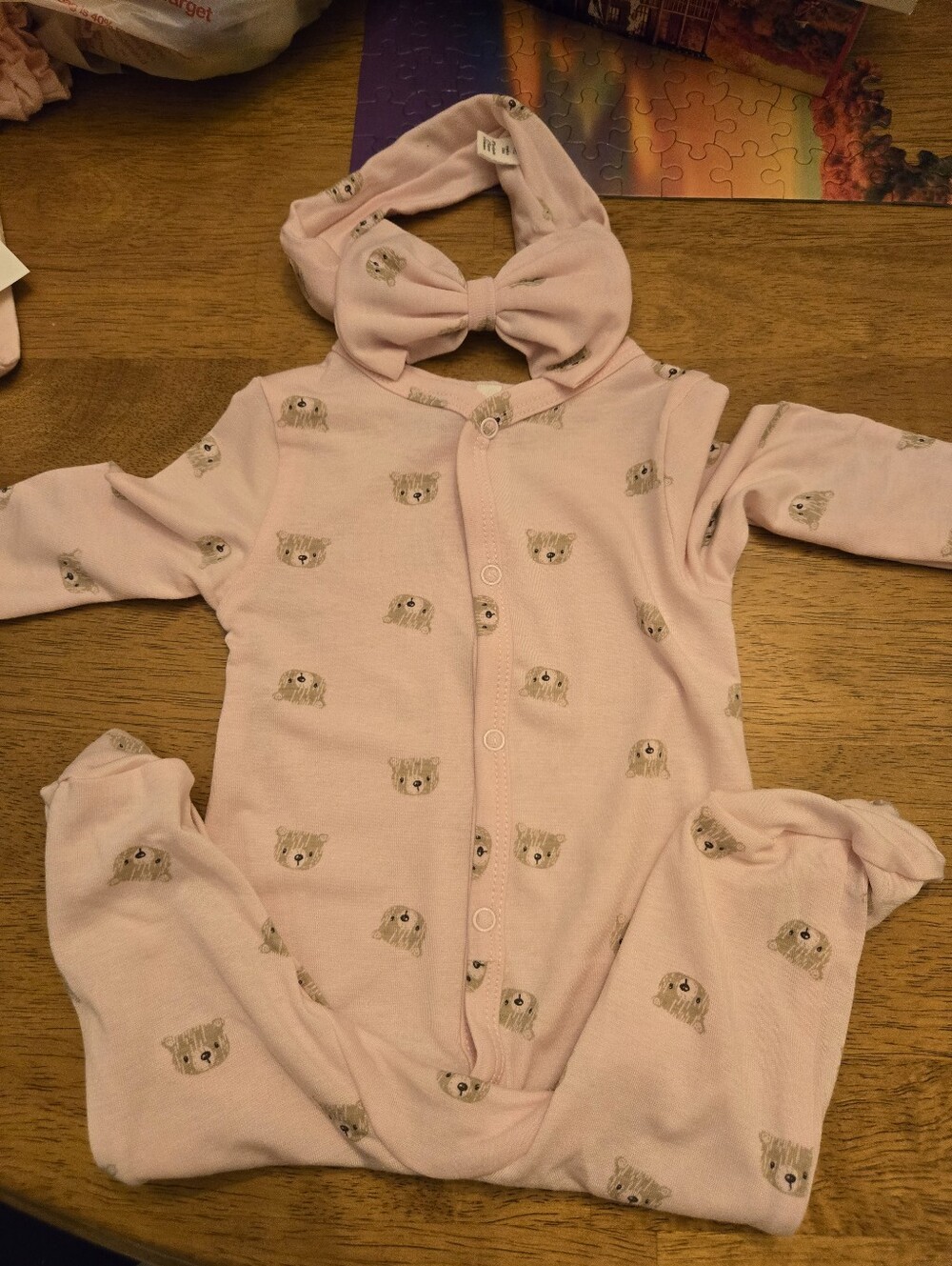Starting Out Pink Bear-Print Footie with Bow Headband